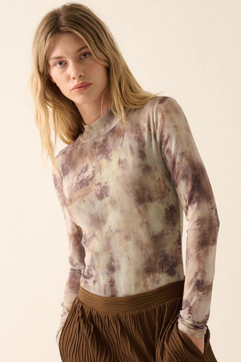 Abstract Print High Neck Bodysuit Espresso