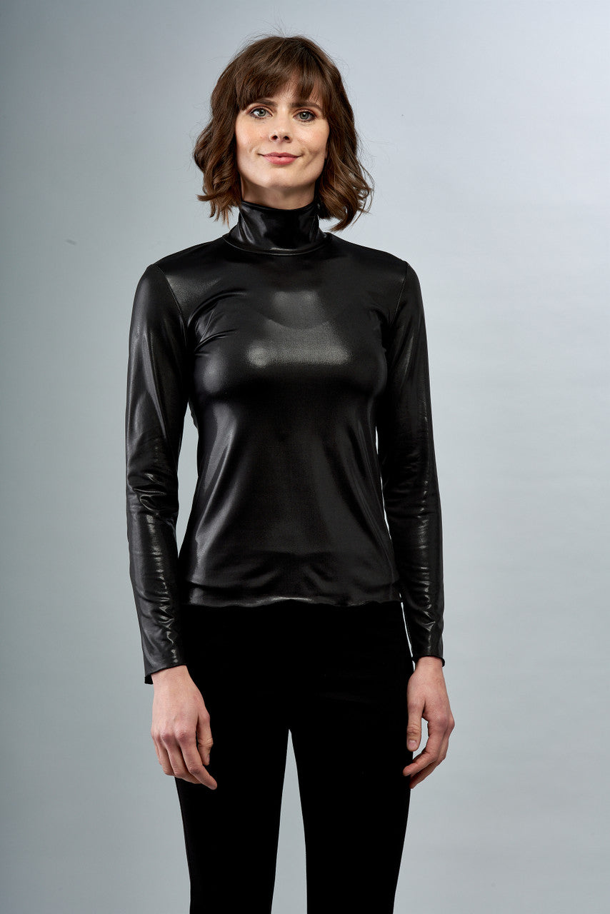 Mock Neck Liquid Leather Long Sleeve Black