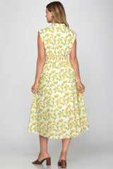 Wild Rose Print Smock Detail Zip Midi Dress Yellow