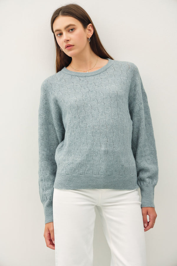 Cozy Crochet Knit Round Neck Sweater Mint