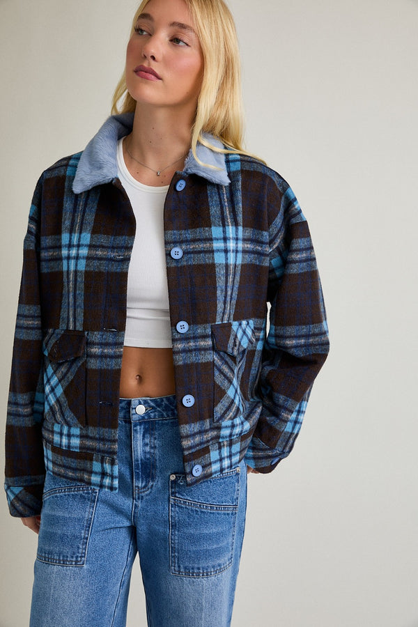 Fuzzy Collar Jacket Brown Blue Plaid
