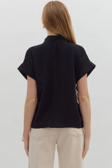Crochet Edged Band Neckline Pullover Top Black