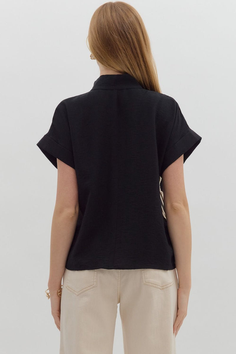 Crochet Edged Band Neckline Pullover Top Black