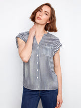 Printed Gingham Short Sleeve Blouse Navy