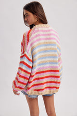 Multi Stripe Sweater Cardigan Red + Sky
