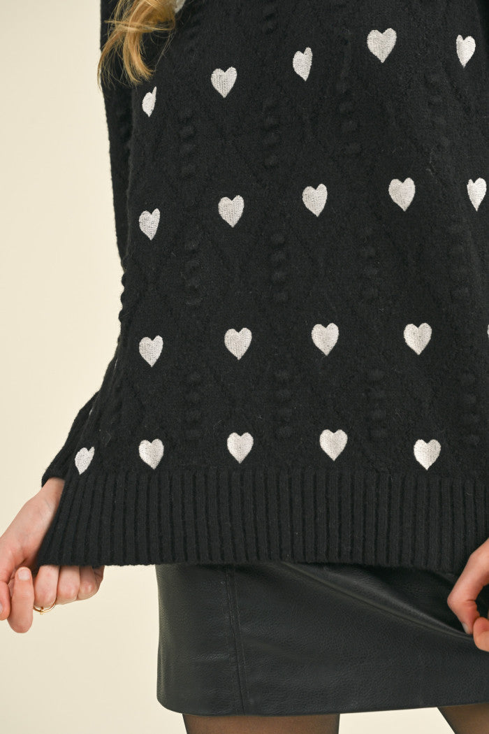Heart Embroidery Pom Pom Sweater Black + Ivory
