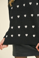 Heart Embroidery Pom Pom Sweater Black + Ivory