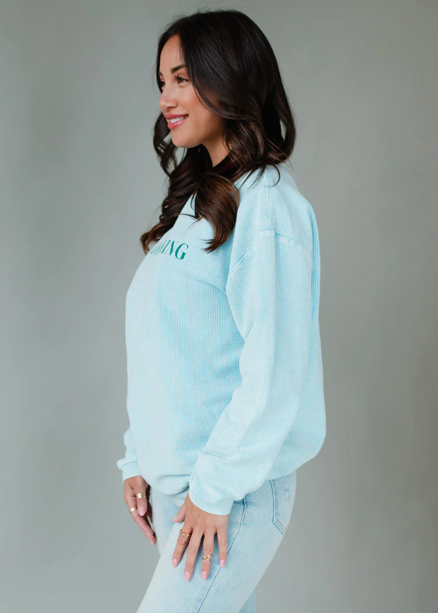Day Drinking Oversized Ribbed Crew Neck Sweatshirt Sky Blue | Green