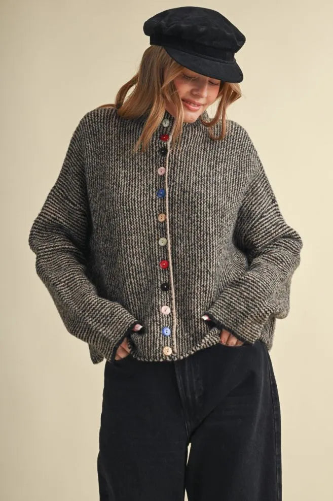 Colored Buttons Two Tone Mock Neck Cardi