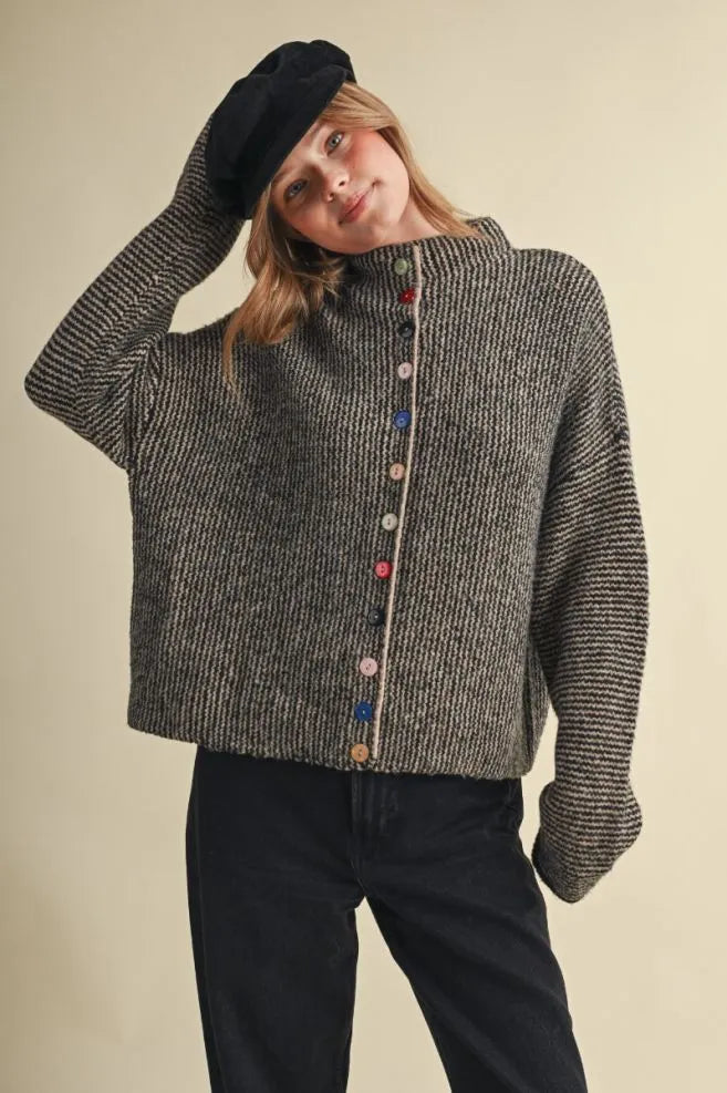Colored Buttons Two Tone Mock Neck Cardi