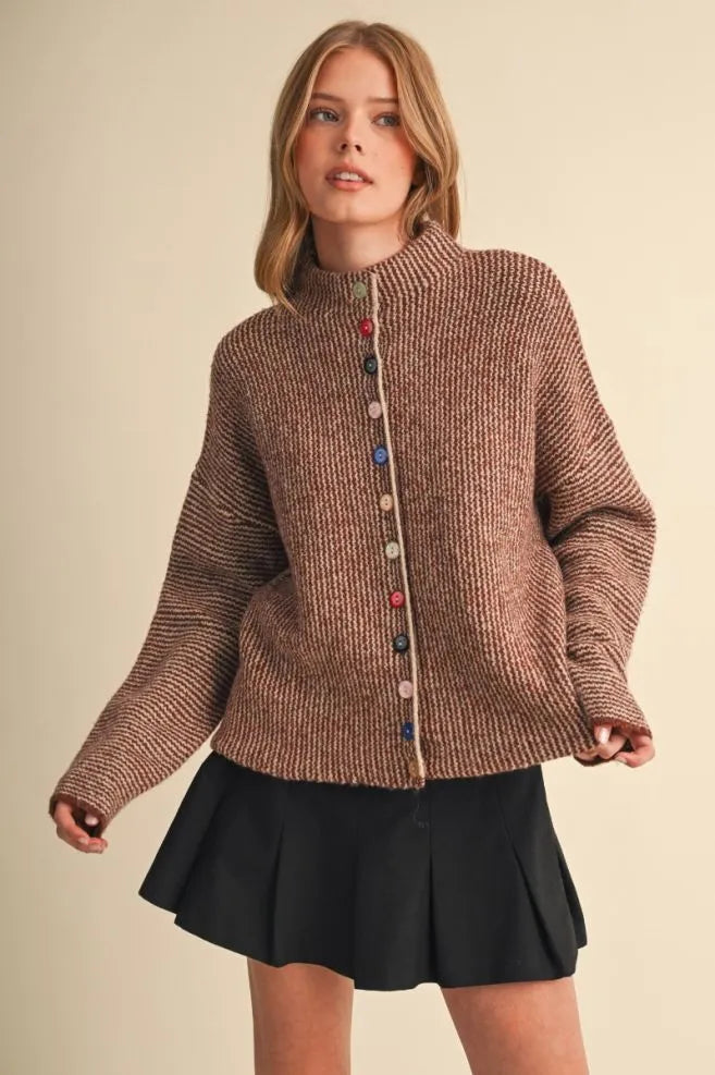 Colored Buttons Two Tone Mock Neck Cardi