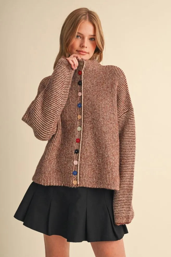 Colored Buttons Two Tone Mock Neck Cardi