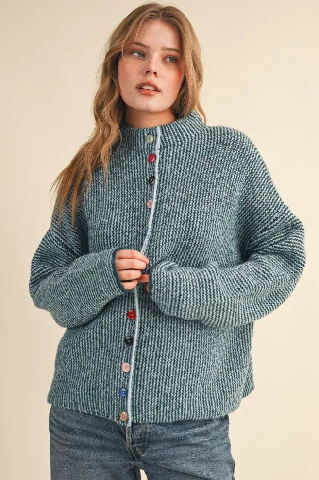 Colored Buttons Two Tone Mock Neck Cardi