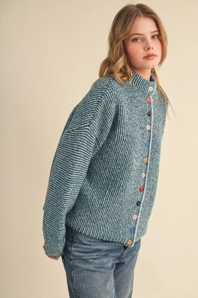 Colored Buttons Two Tone Mock Neck Cardi