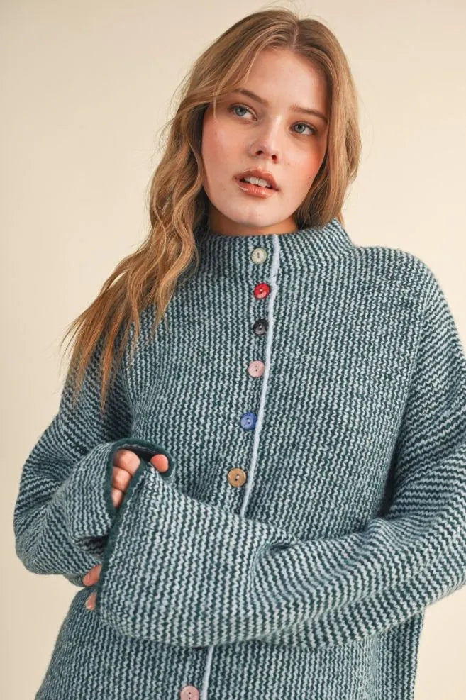 Colored Buttons Two Tone Mock Neck Cardi