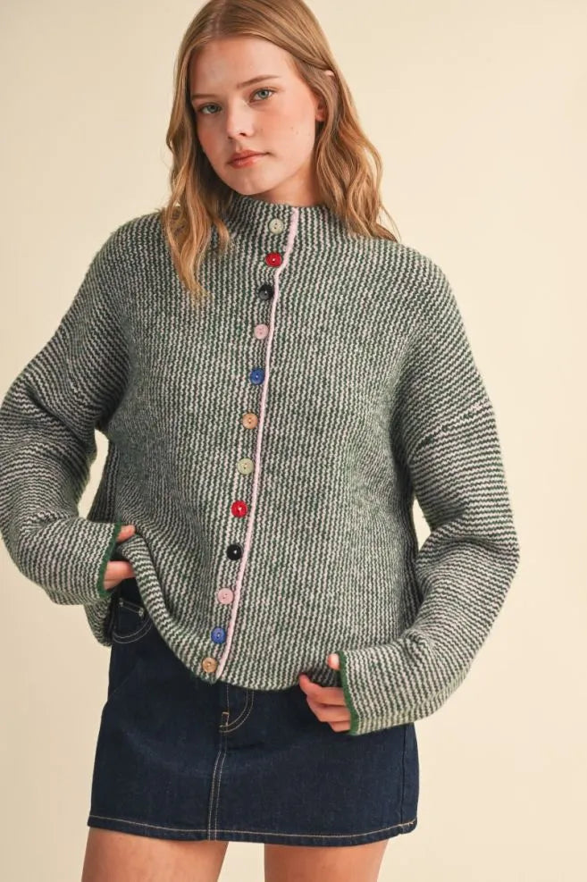 Colored Buttons Two Tone Mock Neck Cardi