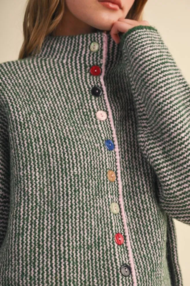 Colored Buttons Two Tone Mock Neck Cardi
