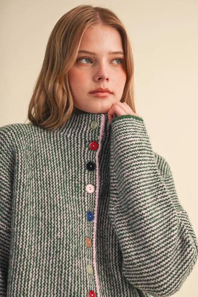 Colored Buttons Two Tone Mock Neck Cardi