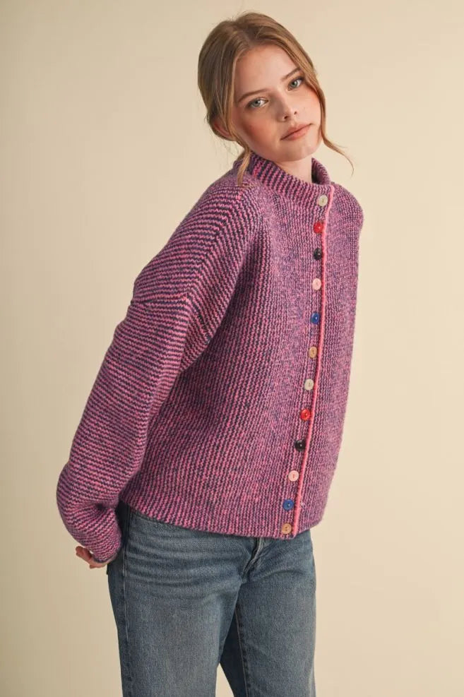Colored Buttons Two Tone Mock Neck Cardi