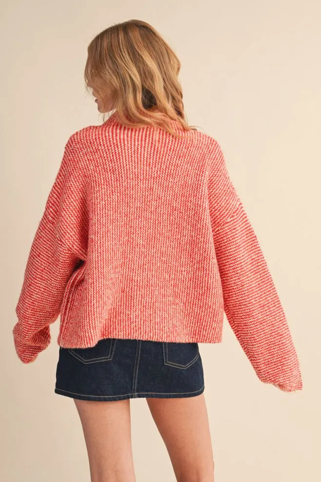 Colored Buttons Two Tone Mock Neck Cardi