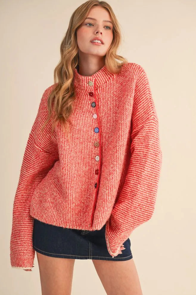 Colored Buttons Two Tone Mock Neck Cardi