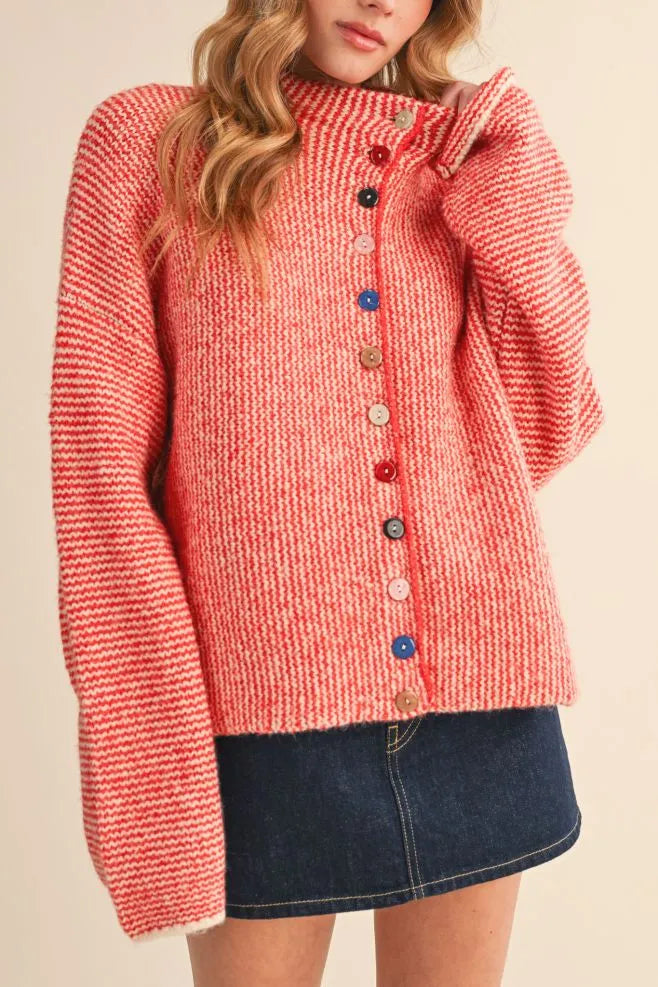 Colored Buttons Two Tone Mock Neck Cardi