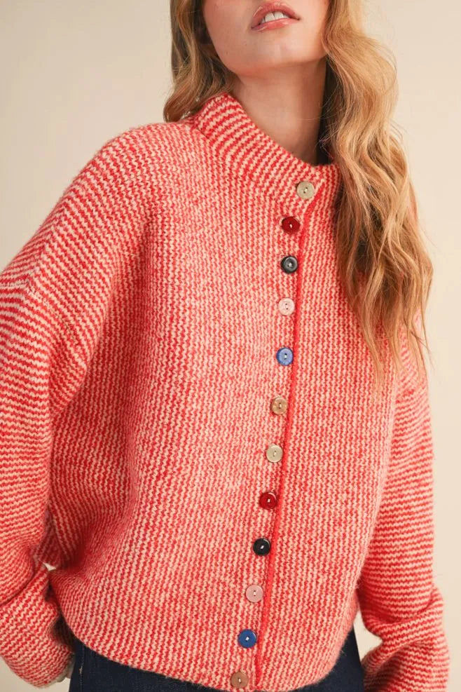 Colored Buttons Two Tone Mock Neck Cardi