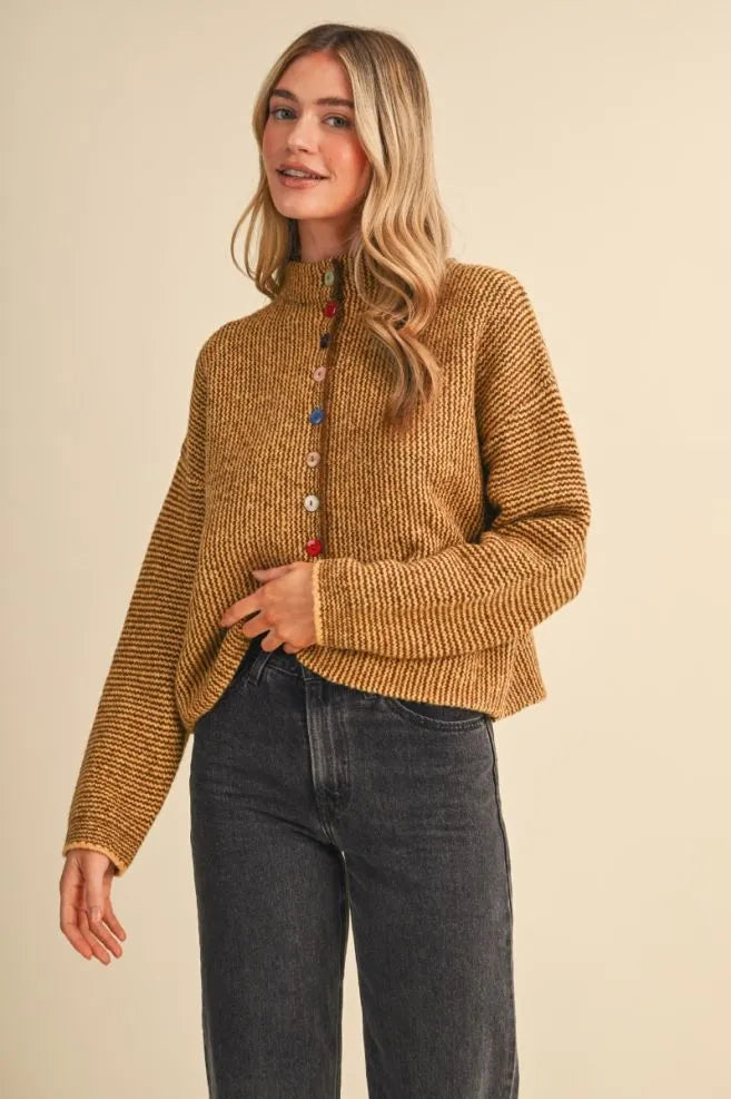 Colored Buttons Two Tone Mock Neck Cardi