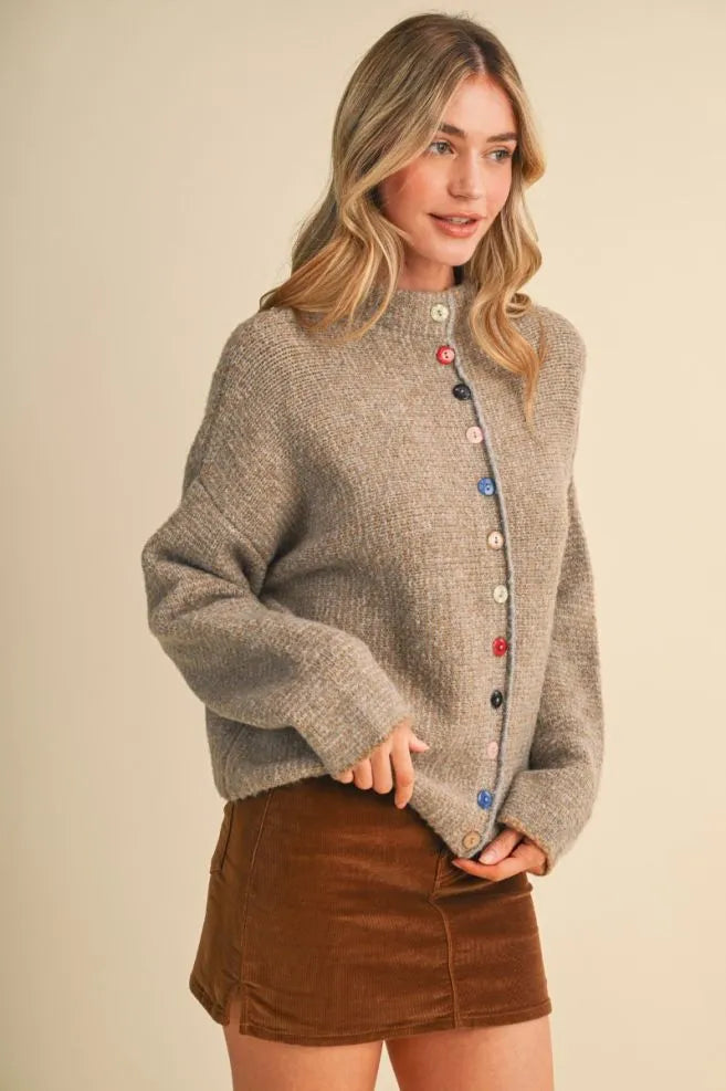 Colored Buttons Two Tone Mock Neck Cardi