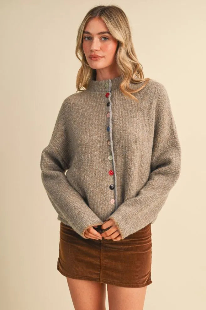 Colored Buttons Two Tone Mock Neck Cardi