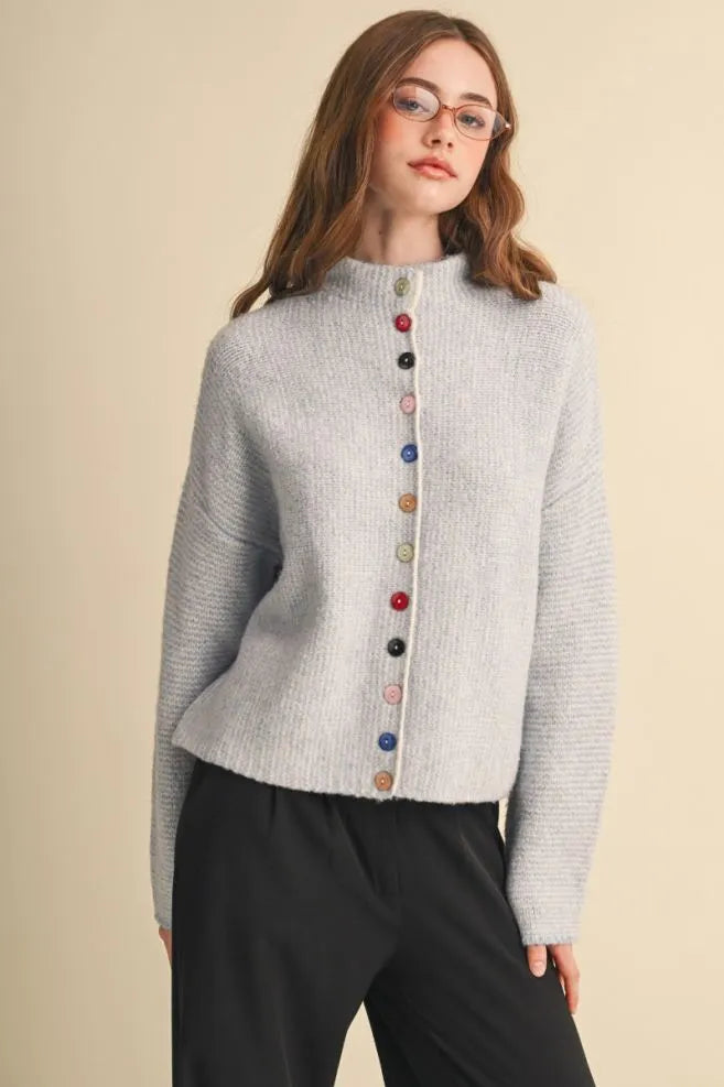Colored Buttons Two Tone Mock Neck Cardi