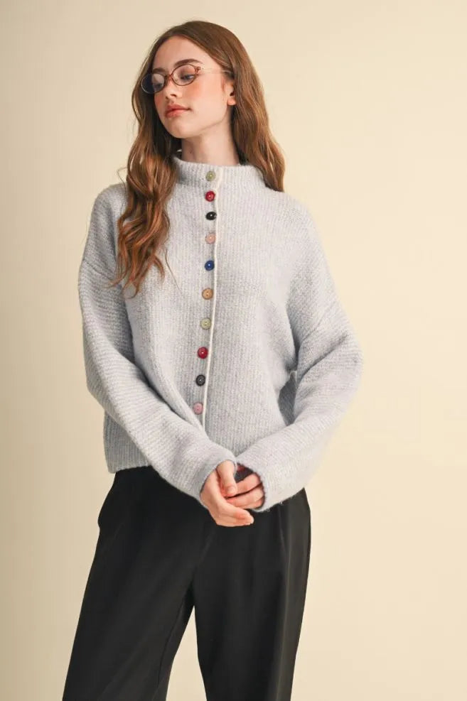 Colored Buttons Two Tone Mock Neck Cardi