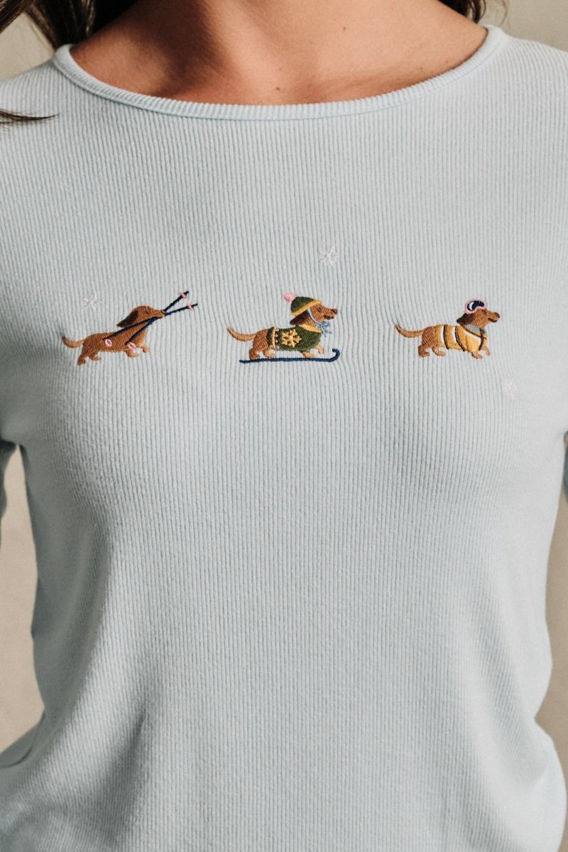 Ski Dogs Embroidered Ribbed Long Sleeve Top