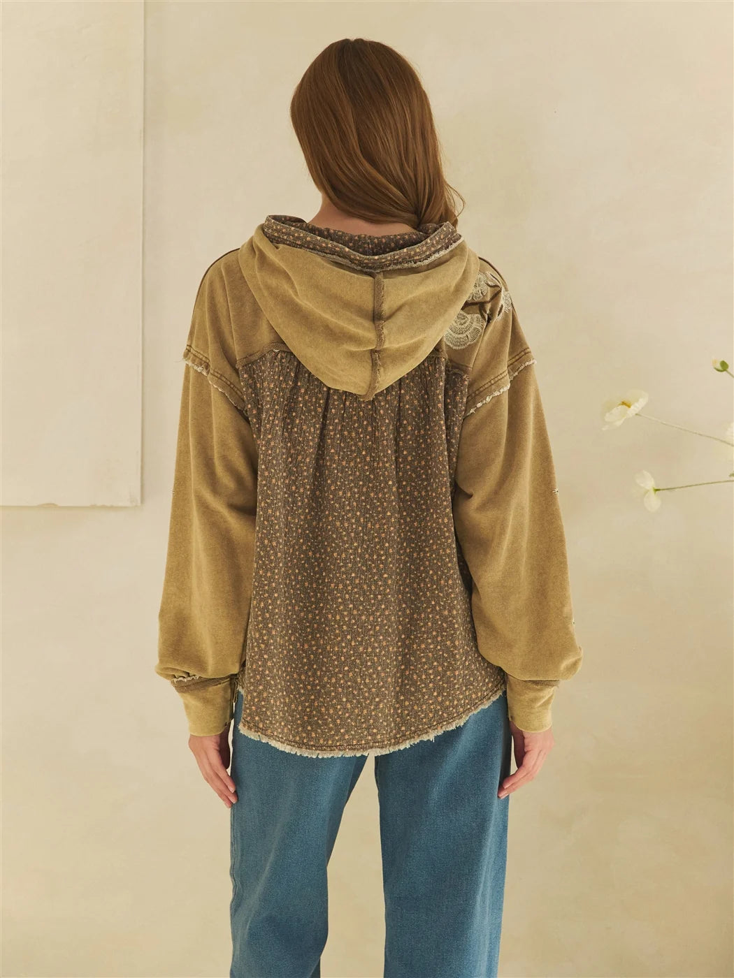 Washed Long Sleeve Embroidered Mixed Hoodie