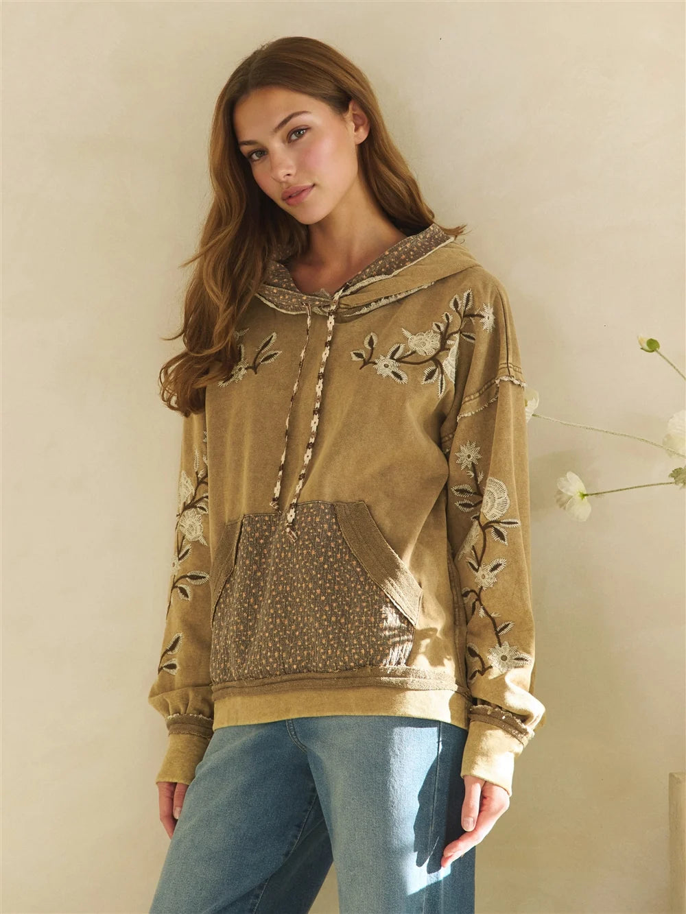 Washed Long Sleeve Embroidered Mixed Hoodie