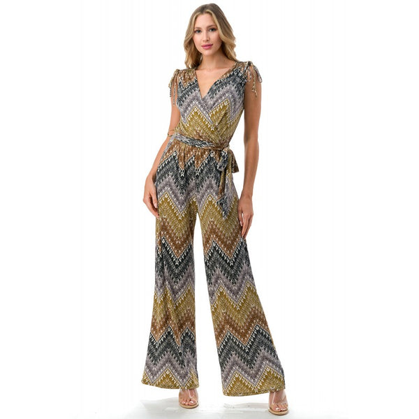 Tie Shoulder Belted Wide Leg Jumpsuit Aztec Zig Zag