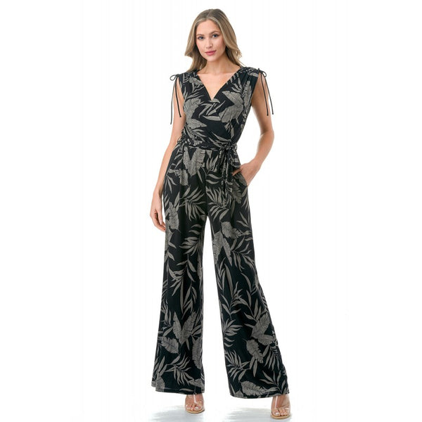 Tie Shoulder Belted Wide Leg Jumpsuit Black Sketched Palms