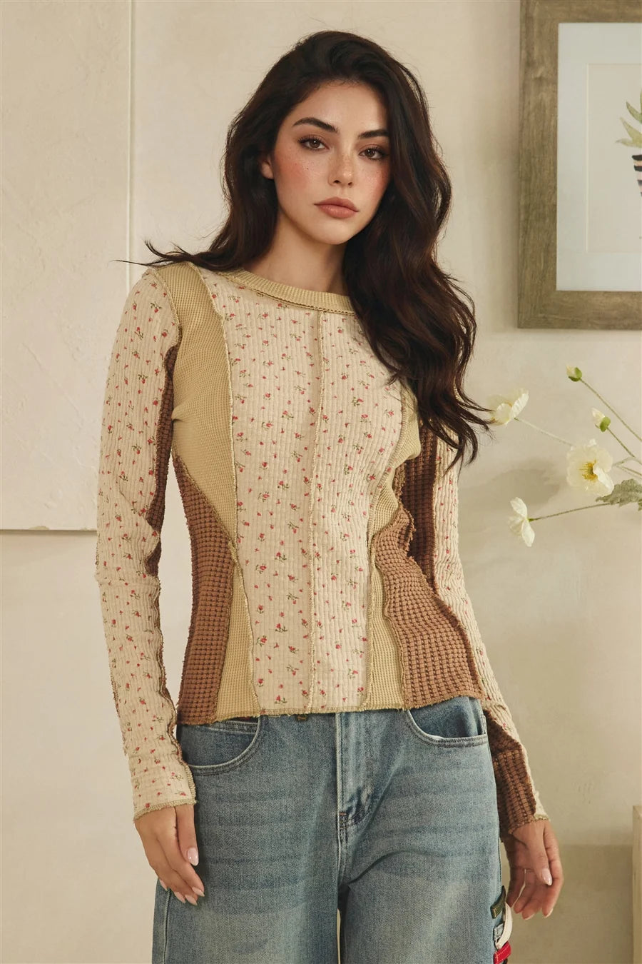 Washed Ditsy Print Waffle Mix Top