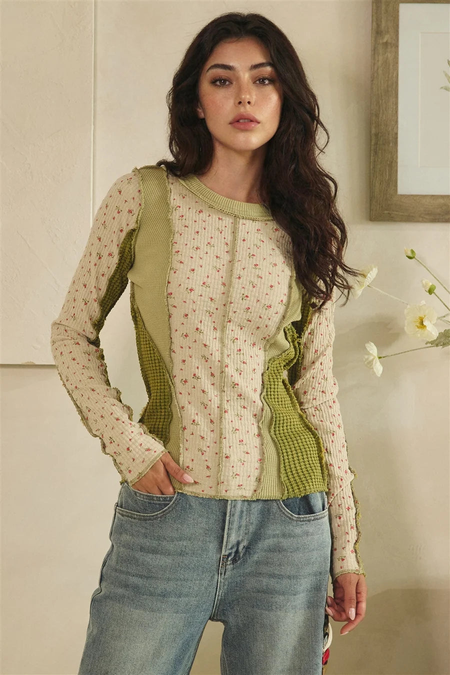 Washed Ditsy Print Waffle Mix Top