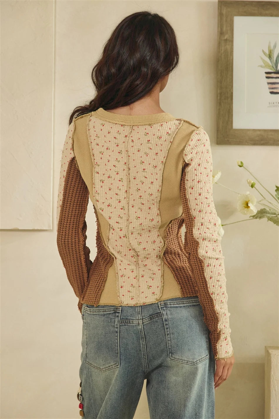 Washed Ditsy Print Waffle Mix Top