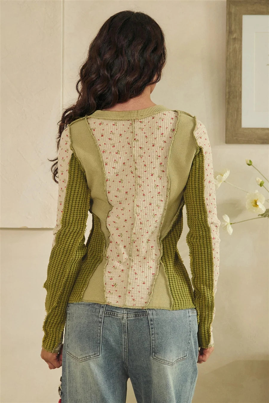 Washed Ditsy Print Waffle Mix Top