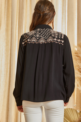 Mix Emb. Floral Collared Button Down Shirt Black
