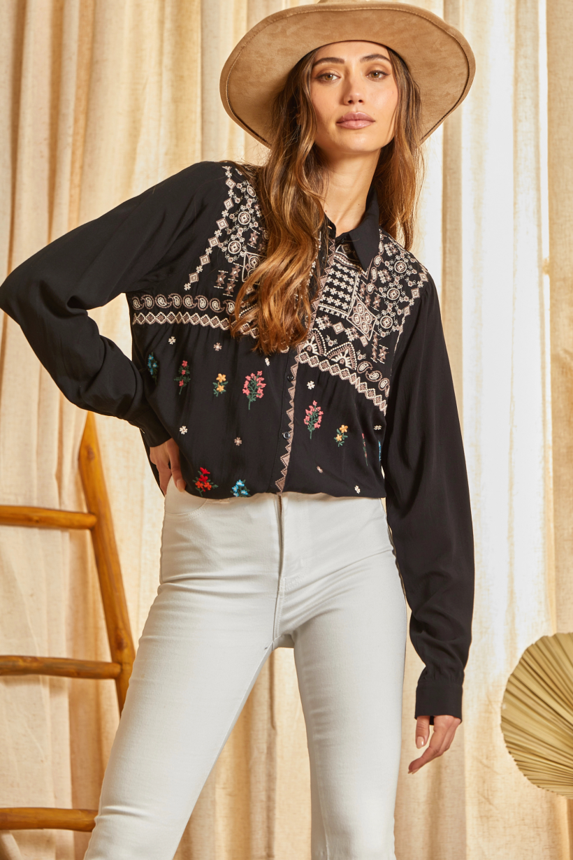 Mix Emb. Floral Collared Button Down Shirt Black