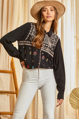 Mix Emb. Floral Collared Button Down Shirt Black