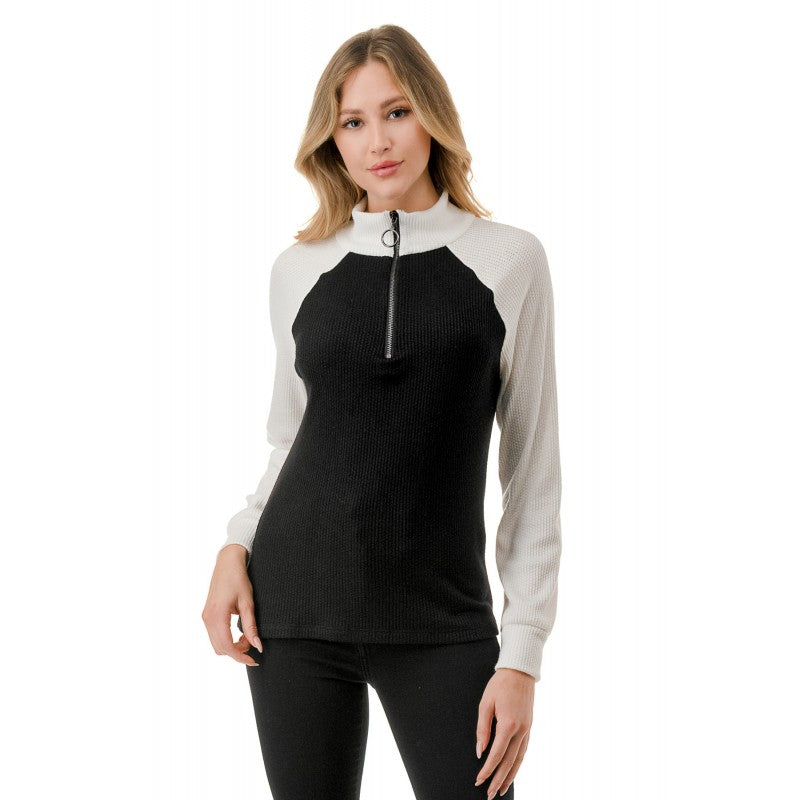 1/4 Zip Mock Neck Thermal Top Black + White