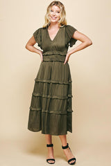 Satin V Neck Ruffle Detail Tiered Midi Dress Olive