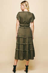 Satin V Neck Ruffle Detail Tiered Midi Dress Olive