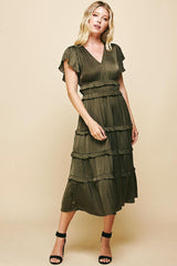 Satin V Neck Ruffle Detail Tiered Midi Dress Olive