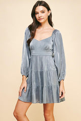 Sweetheart Satin Long Sleeve Mini Dress Blue Grey