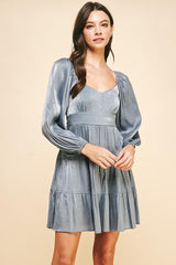 Sweetheart Satin Long Sleeve Mini Dress Blue Grey